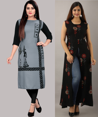 maruti fab Women Printed, Striped Straight Kurta(Black, Pink)