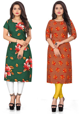 tanvi creation Women Printed Straight Kurta(Green, Orange)