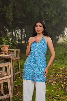 Sareeeba Women Printed A-line Kurta(Blue)