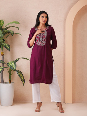 Sold For Style Women Embroidered Straight Kurta(Maroon)