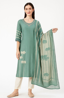 anuretail Women Embroidered Straight Kurta(Light Green)