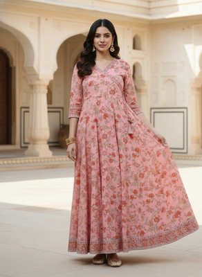 Sa Rasa Women Printed Anarkali Kurta(Pink)