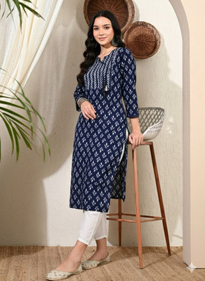 RR SA KURTIS Women Printed Straight Kurta(Blue)