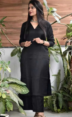 Krisna Creation Women Solid Straight Kurta(Black)