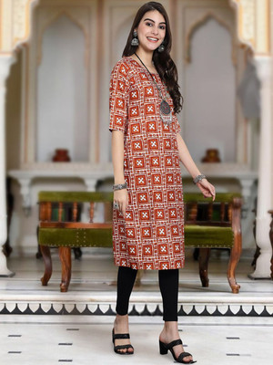 Moda Rapido Men Geometric Print Straight Kurta(Orange)