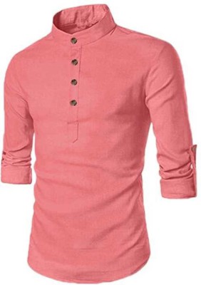 FOLGEN Men Solid Straight Kurta(Pink)