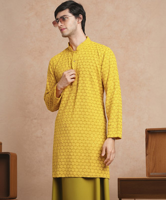 SWAGG INDIA Men Embellished Straight Kurta(Yellow)