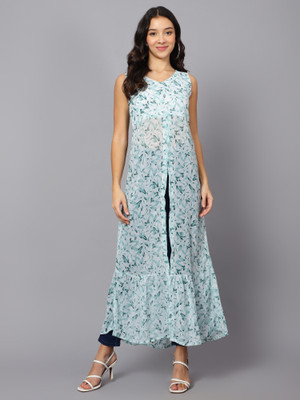 VESICLE Women Printed Frontslit Kurta(Green)