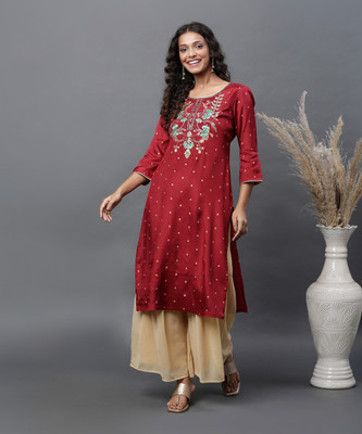 Aurelia Women Printed Straight Kurta(Red)