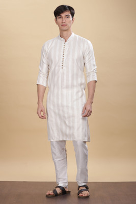 ANOUK Men Striped Straight Kurta(White)