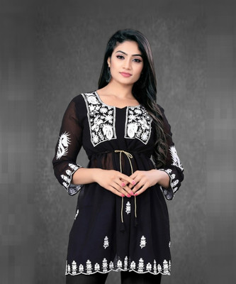 NK DESIGN Women Embroidered A-line Kurta(Black)