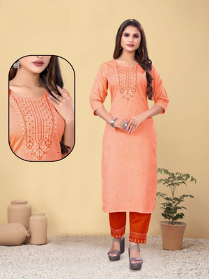 PickCell Women Embroidered Straight Kurta(Orange)