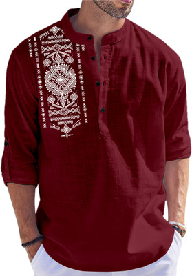 FINFOL Men Self Design Straight Kurta(Maroon)