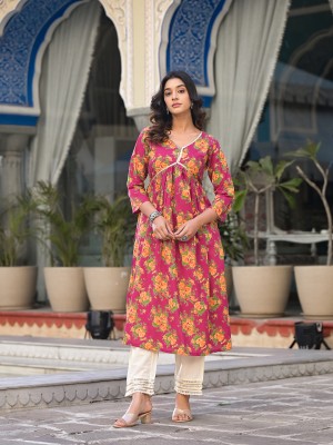 Varanga Women Printed A-line Kurta(Pink, Orange, Dark Green)