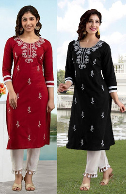 vikshi Women Chikan Embroidery Straight Kurta(Multicolor)