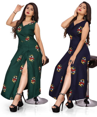 Hiral Creation Women Printed, Floral Print Frontslit Kurta(Green)