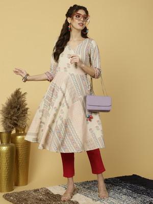 Jaipur Kurti Women Abstract Flared Kurta(Beige)
