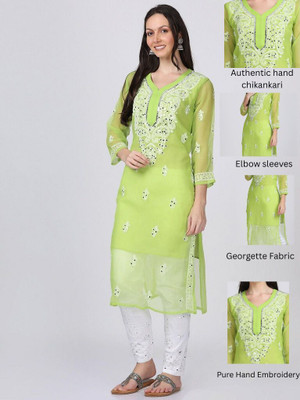 Ekkambar Women Chikan Embroidery Straight Kurta(Green)