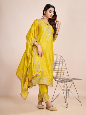 AMALAK Women Embroidered A-line Kurta(Yellow)
