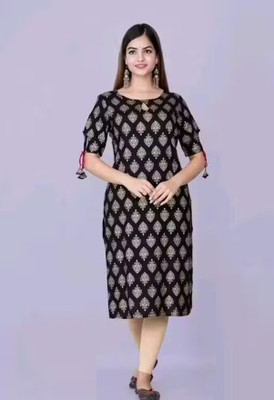 WishWorld Women Printed, Woven Design Straight Kurta(Black)