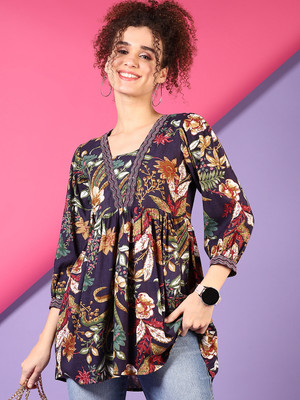V-MART Women Printed A-line Kurta(Blue)