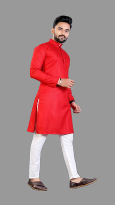 HouseOfCommon Men Solid A-line Kurta(Red)