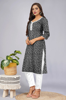 Sukkas Women Printed Straight Kurta(Black)