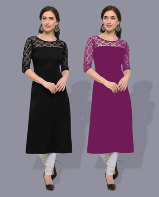 Maheshvi Women Self Design Straight Kurta(Black, Purple)