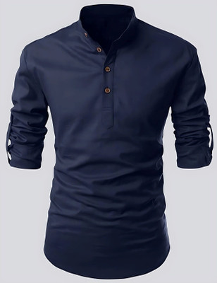 LYPLO Men Solid Straight Kurta(Blue)