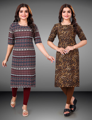 MOBHISA Women Printed Straight Kurta(Brown)