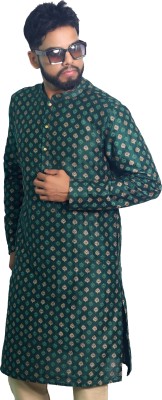 House of Aqss Men Printed Straight Kurta(Dark Green)