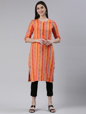 Saanjh Women Striped A-line Kurta(Orange)