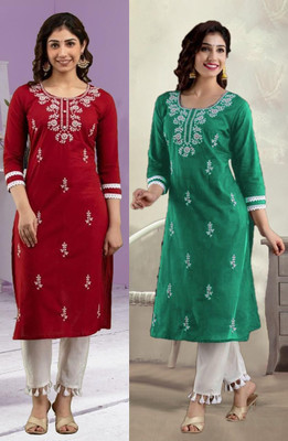 vikshi Women Chikan Embroidery Straight Kurta(Multicolor)