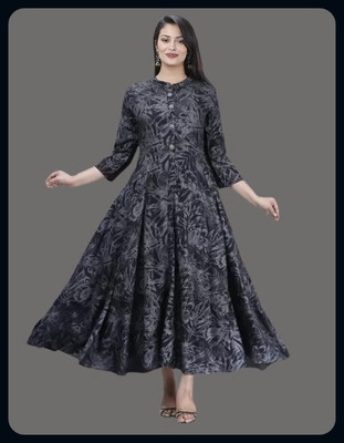 RACHNA FASHION Women Printed Flared Kurta(Black, Grey)