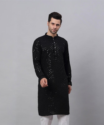 ALMORA Men Chikan Embroidery Straight Kurta(Black)