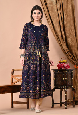 jaipurite Women Embroidered Anarkali Kurta(Blue)