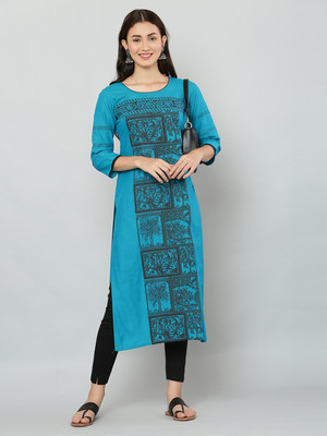 PSMAAG Women Block Print Flared Kurta(Green)