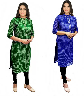 Shunit creation Women Striped Straight Kurta(Green, Blue)