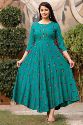anushansa Women Floral Print Anarkali Kurta(Green)