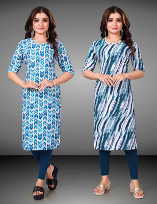 MOBHISA Women Printed Straight Kurta(Dark Blue)