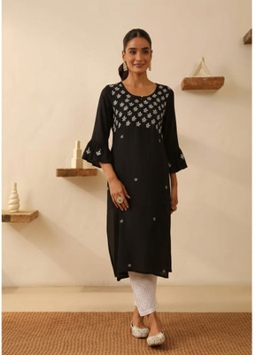 Roop Women Chikan Embroidery A-line Kurta(Black)