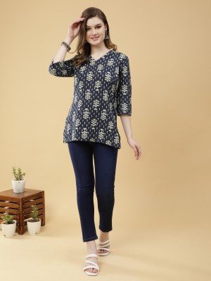 wildborn Casual Floral Print Women Dark Blue, White, Yellow Top