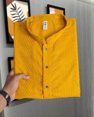 Lazzly Men Self Design A-line Kurta(Yellow)