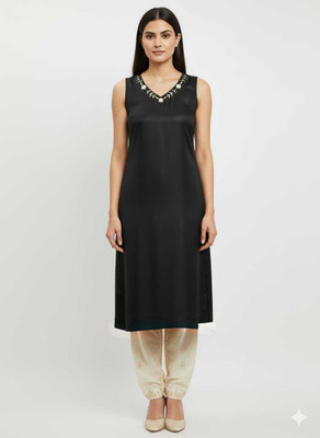 eqsha Women Embroidered, Solid A-line Kurta(Black)