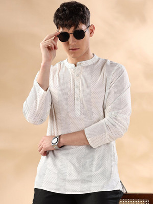 ANOUK Men Geometric Print Straight Kurta(White)