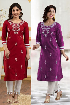 vikshi Women Chikan Embroidery Straight Kurta(Red, Purple)