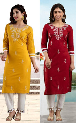 vikshi Women Chikan Embroidery A-line Kurta(Multicolor)
