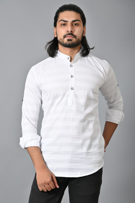 PROTOZONE Men Self Design, Solid Straight Kurta(White)