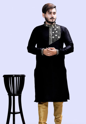 Tibra Collection Men Embroidered Straight Kurta(Black)