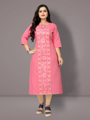 Fabriza Women Embroidered A-line Kurta(Pink)